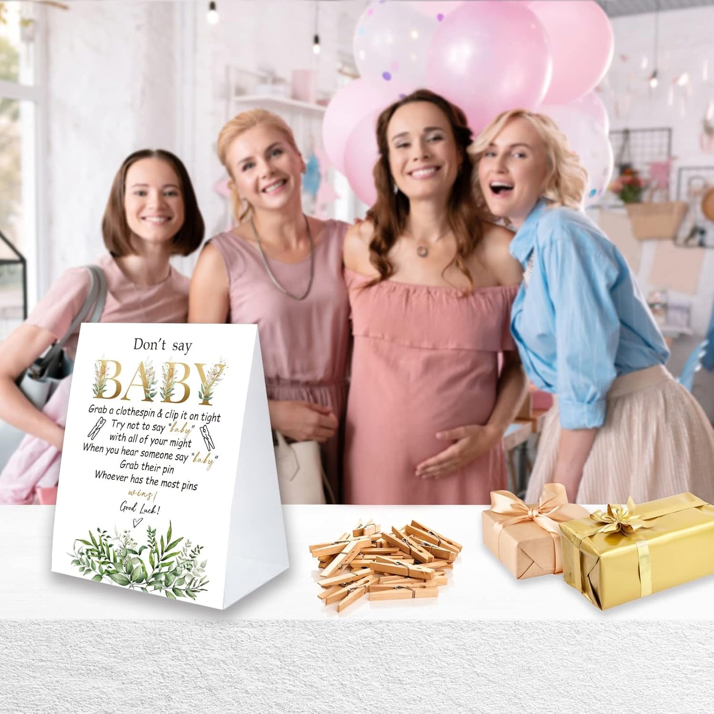 Don't Say Baby Game For Baby Shower Clothespin Game, One 5x7 Coated Paper Sign And 50 Natural Clothespins, Greenery Theme, Gender Neutral -NDSBB41