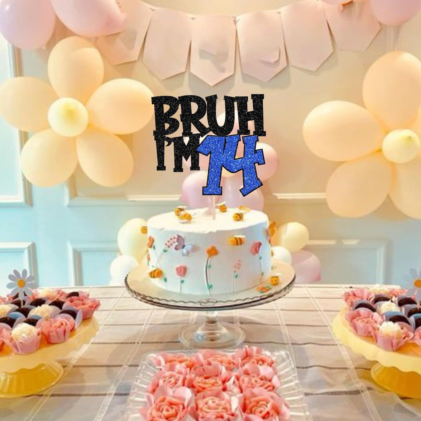 1 PCS Bruh I'm 14 Cake Topper Glitter Happy 14th Birthday Cake Pick Bro I'm 14 Cake Decoration It's My 14th Birthday Decorations for Cheers to 14 Years Old Birthday Anniversary Party Supplies Blue
