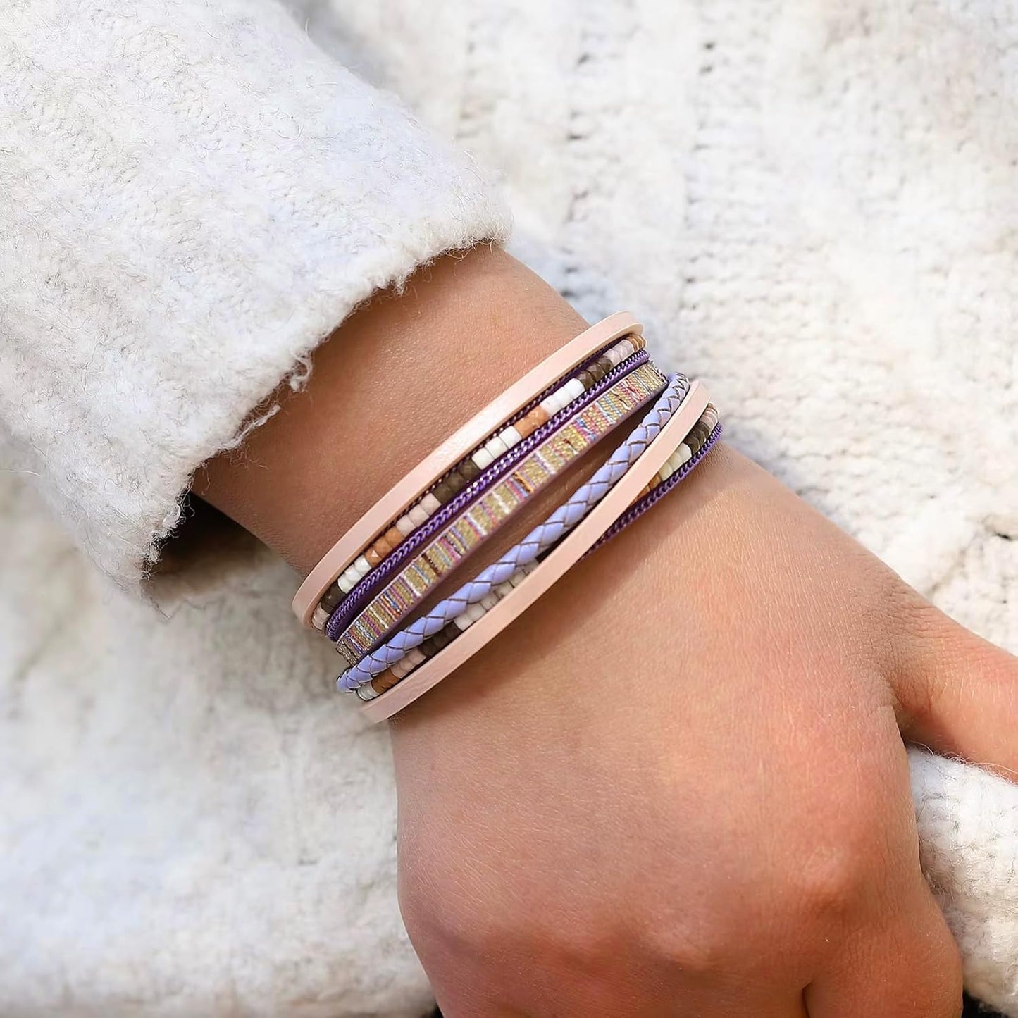 Fesciory Leather Wrap Bracelets for Women, Boho Leopard Multi-Layer Crystal Beads Cuff Bracelet Jewelry