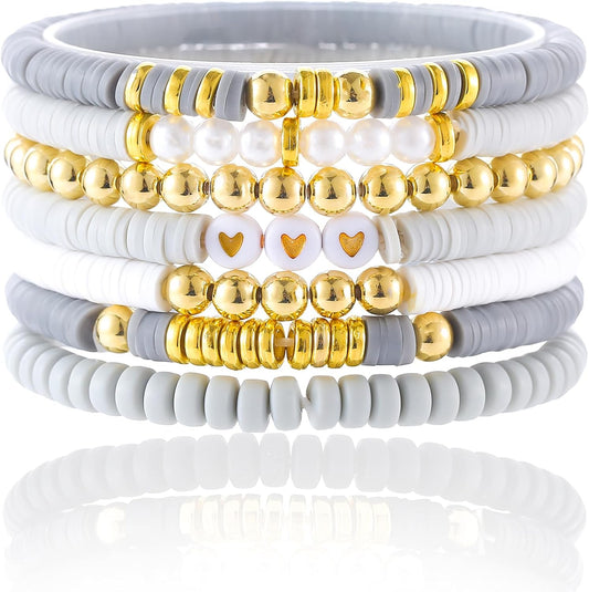 Friendship Bracelets Trendy Heishi Clay Bead Bracelets Stack Gold Beaded Stretch Bracelets for Women Boho Stackable Bracelets Bulk Cute Preppy Jewelry