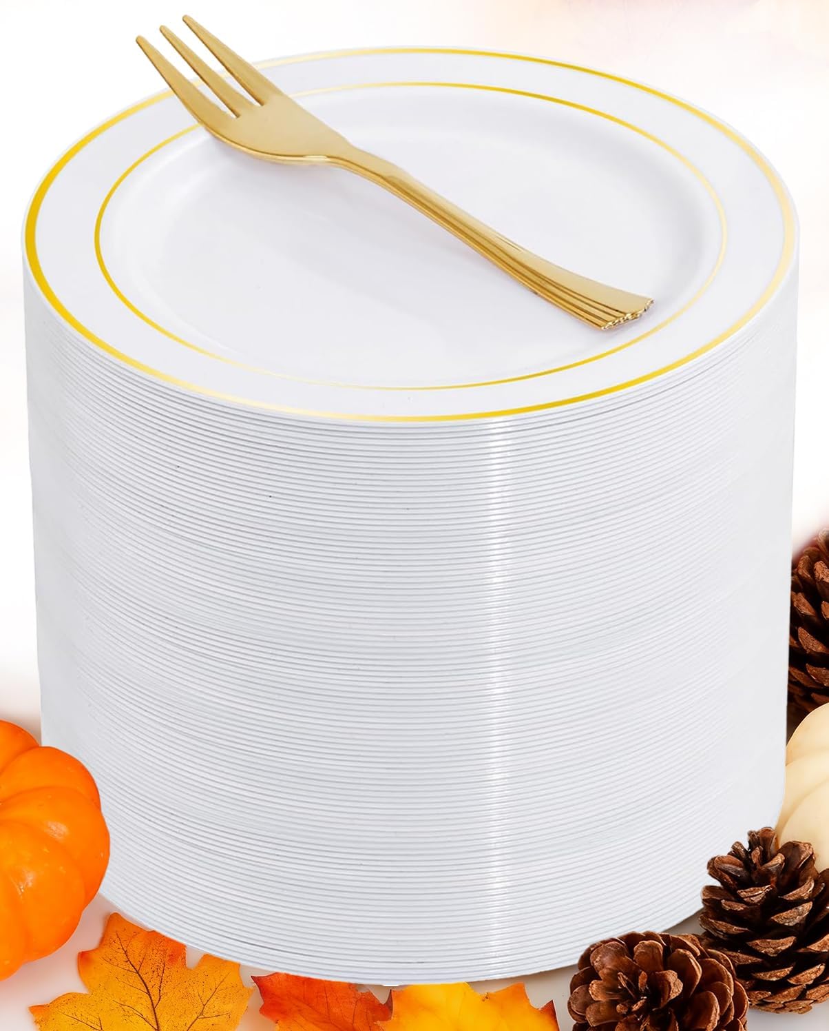 WELLIFE 60 PCS Gold Plastic Dessert Plates and 60 PCS Forks, 6.3 inch Disposable Salad Plates, Premium White Appetizer Plates with Gold Rims, Perfect for Party