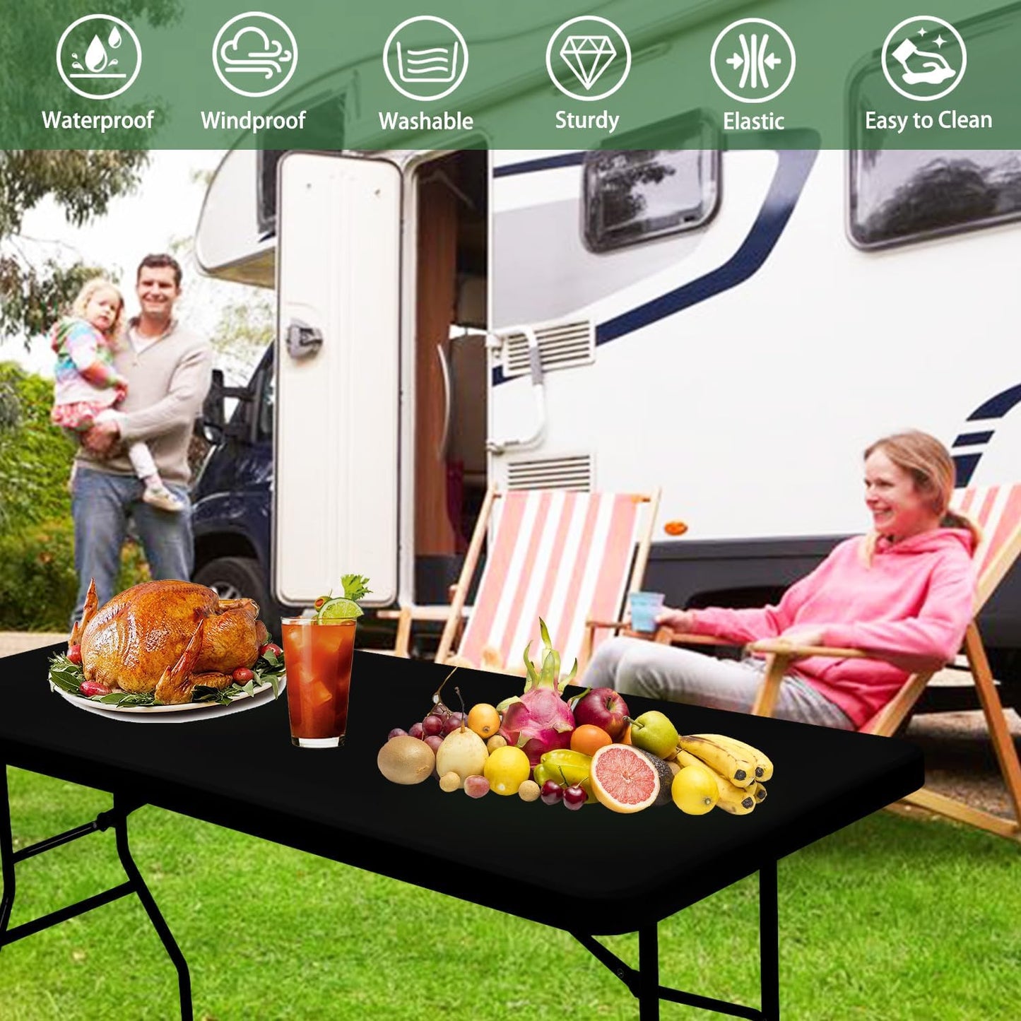 6 Pack Picnic Table Cover Outdoor Elastic Fitted Tablecloths for 5 Foot Rectangle Tables Waterproof Stretch Washable Patio Folding Spandex Table Cloth for Camping Banquet and Parties (Black,30" x 60")