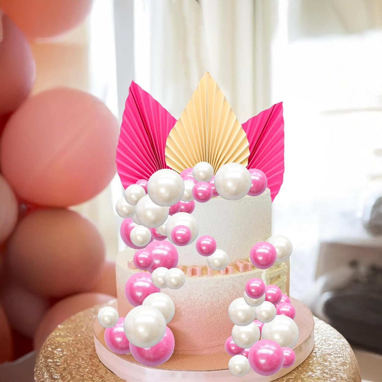 Ephlyn 28Pcs Paper Palm Fan Cake Topper Balls Cake Pick Wedding Bridal Shower DIY Cake Decorations for Baby Shower Wedding Birthday Anniversary Party Supplies White Rose Red