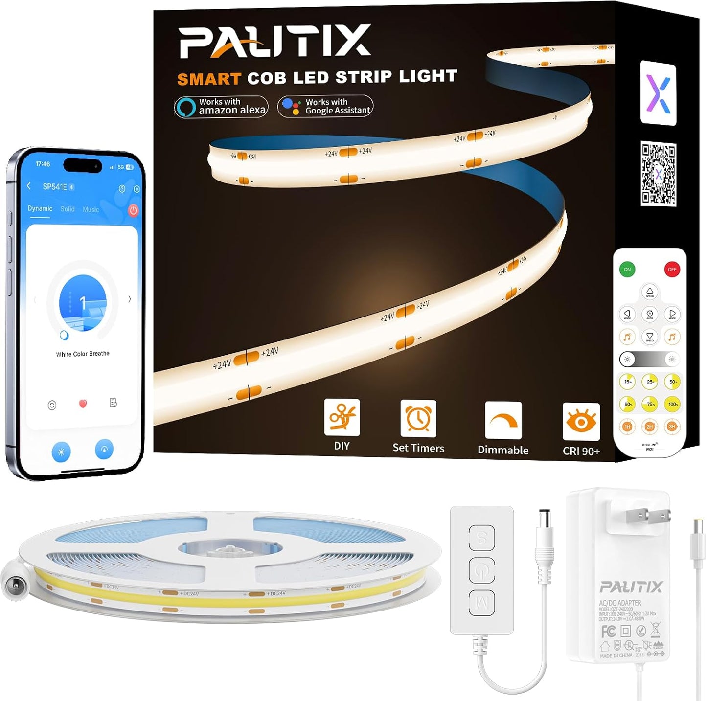PAUTIX COB LED Strip Light 32.8ft/10m 4800LEDs Nature White 4000K,CRI93+ Super Bright High Lumen,Dimmable 24V Flexible LED Tape Light,Work with Alexa/Google Assistant,for Home&Office DIY Lighting