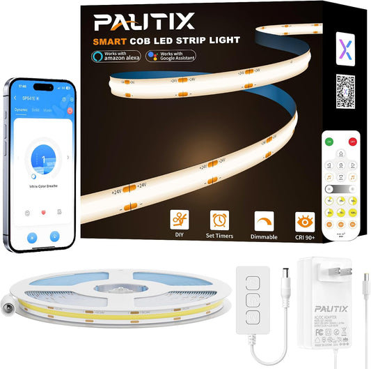 PAUTIX COB LED Strip Light 32.8ft/10m 4800LEDs Nature White 4000K,CRI93+ Super Bright High Lumen,Dimmable 24V Flexible LED Tape Light,Work with Alexa/Google Assistant,for Home&Office DIY Lighting
