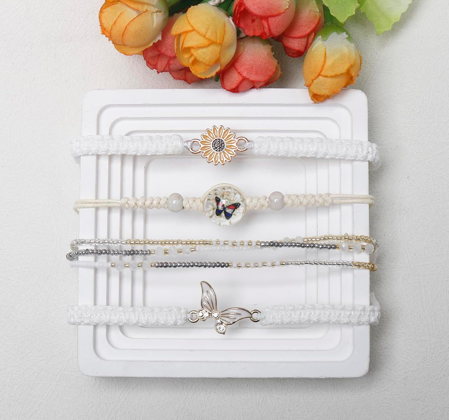 DS 4PCS String beads Charm Bracelets for Teen Girls Dainty cute cartoon Butterfly Daisy Eternal flower Beads Bracelets set for woman and girls Adjustable Stretch bracelet birthday Gift For Friends