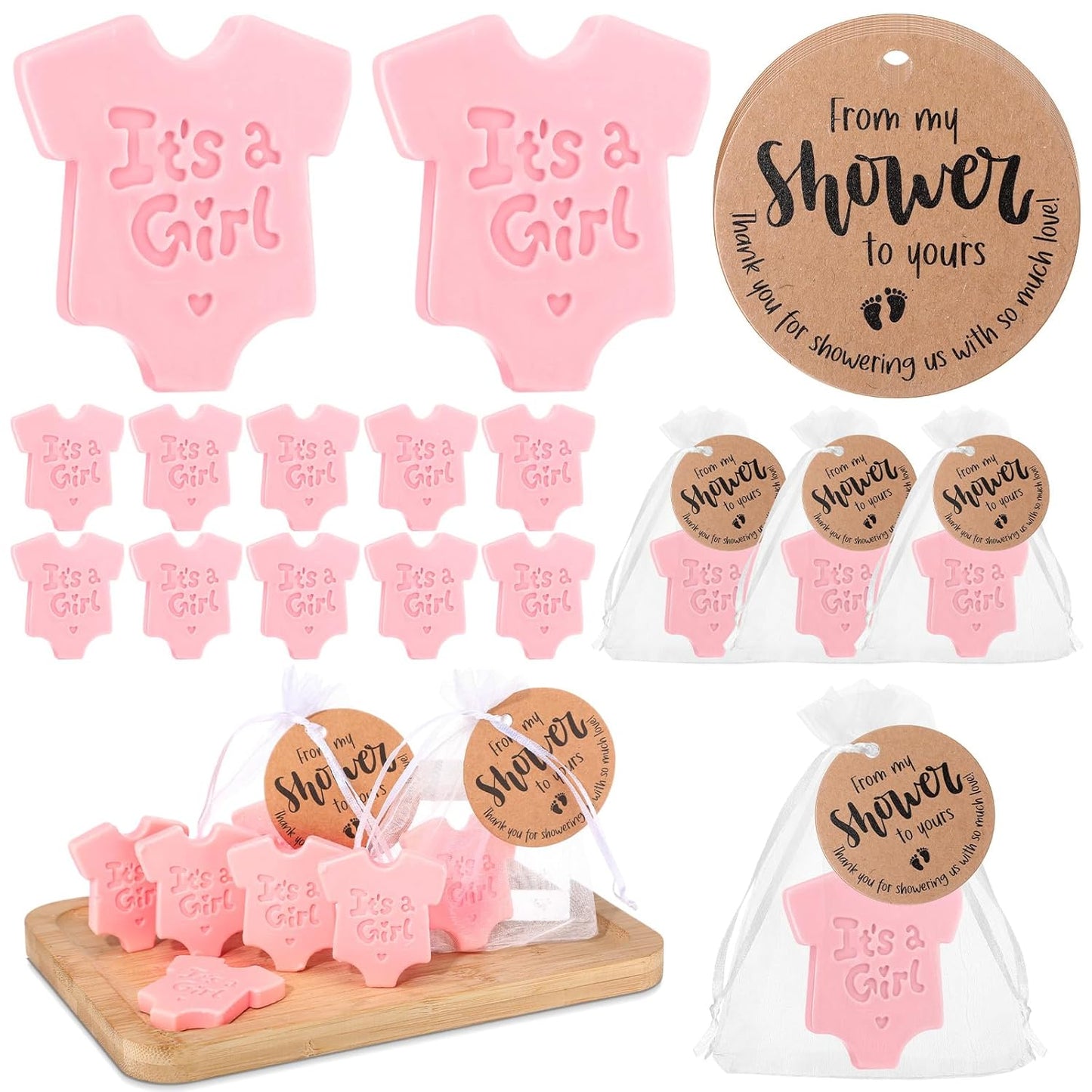 25 Sets Baby Shower Soap Favors for Guests - Boy Girl Mini Handmade Soaps with Thank You Tags and Organza Bags for Shower Gender Reveal Party Favors (Pink,Baby Shirt)