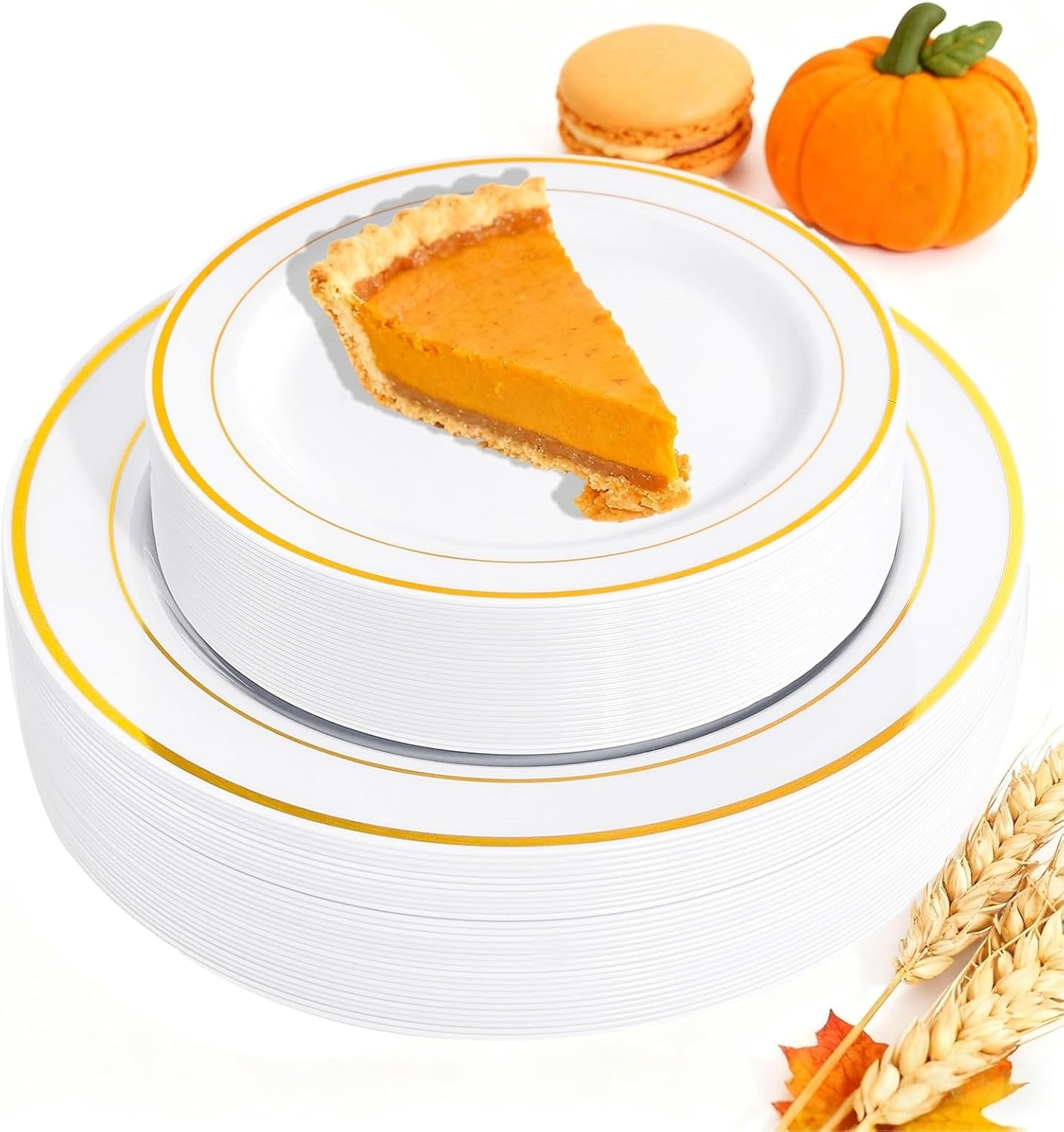 FLOWERCAT 60PCS Gold Plastic Plates - Heavy Duty White and Gold Plastic Plates Disposable for New Year/Thanksgiving Party/Wedding - Include 30PCS 10.25" Dinner Plates and 30PCS 7.5" Dessert Plates