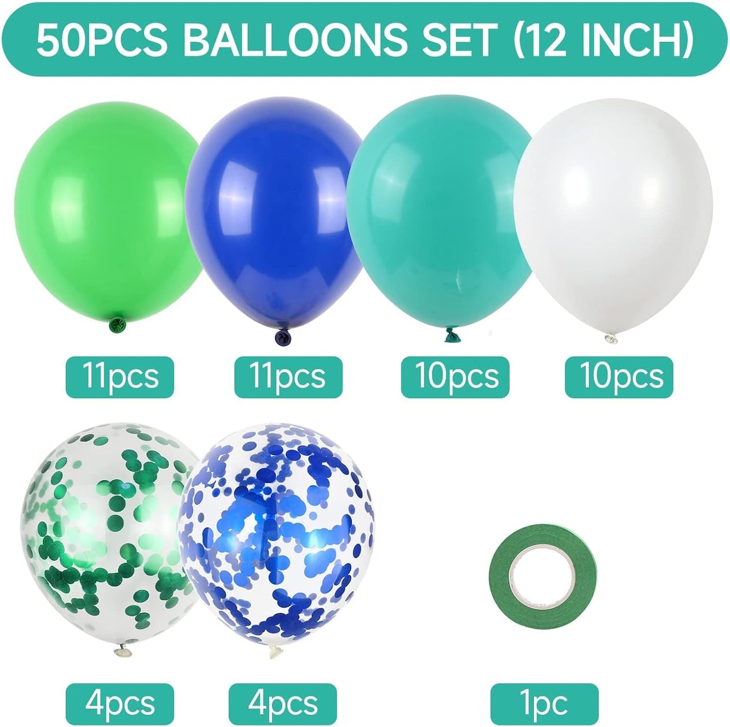 50Pcs Blue Green Balloons 12inch Light Green Blue Vintage Confetti Balloon with Ribbons for Boys Birthday Party Jungle Safari Themed Decoration