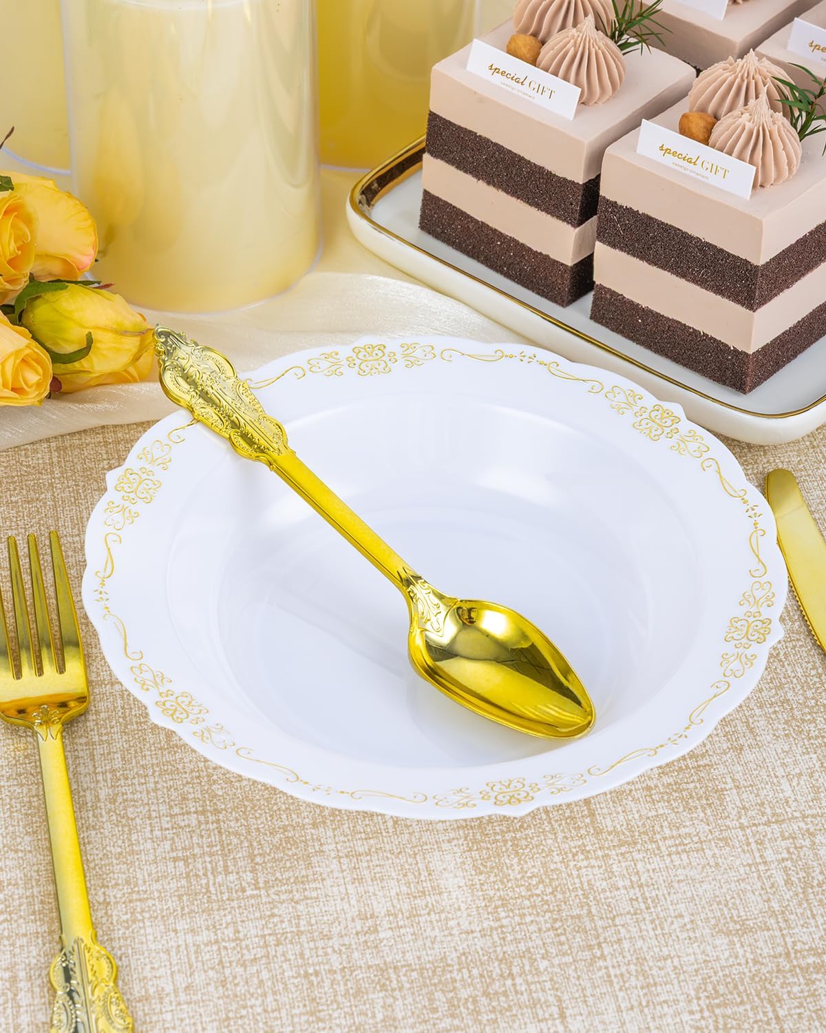 100 Pack White Plastic Bowls with Gold Rim, 12oz Disposable Soup Bowl, Heavy Duty Dinner Bowls for Party, Weddings, Dinners, Catering and Everyday Use