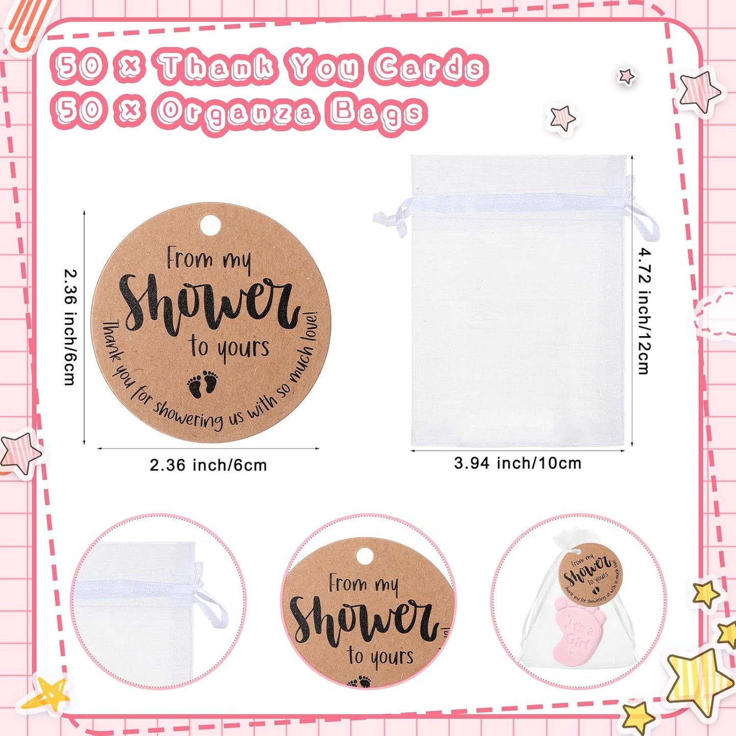 50 Sets Baby Shower Soap Favors for Guests Boy Girl Mini Handmade Scented Soaps with Thank You Tags and Organza Bags for Shower Gender Reveal Party Favors(It's A Girl,Pink Baby Feet)