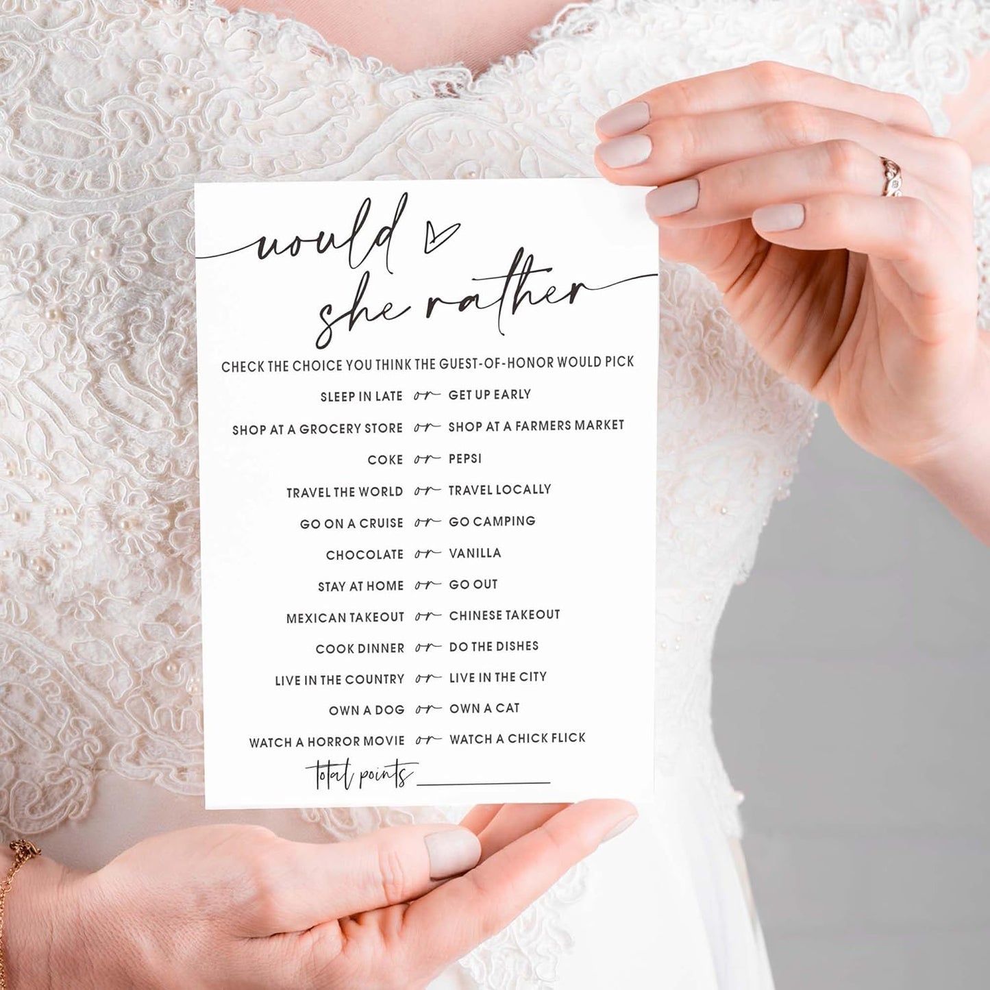 Wedding Shower Games Cards, Would She Rather Bridal Shower Game for 25 Guests, Engagement Party Wedding Games for Guests, Minimalist White Wedding Party Supplies - A11