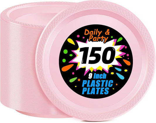 WELLIFE Pink Plastic Plates 9 Inch -150 Count for Party, Disposable Plastic Party Plates for Easter Mother's Day Baby Shower Dinner Dessert Cake Light Pink