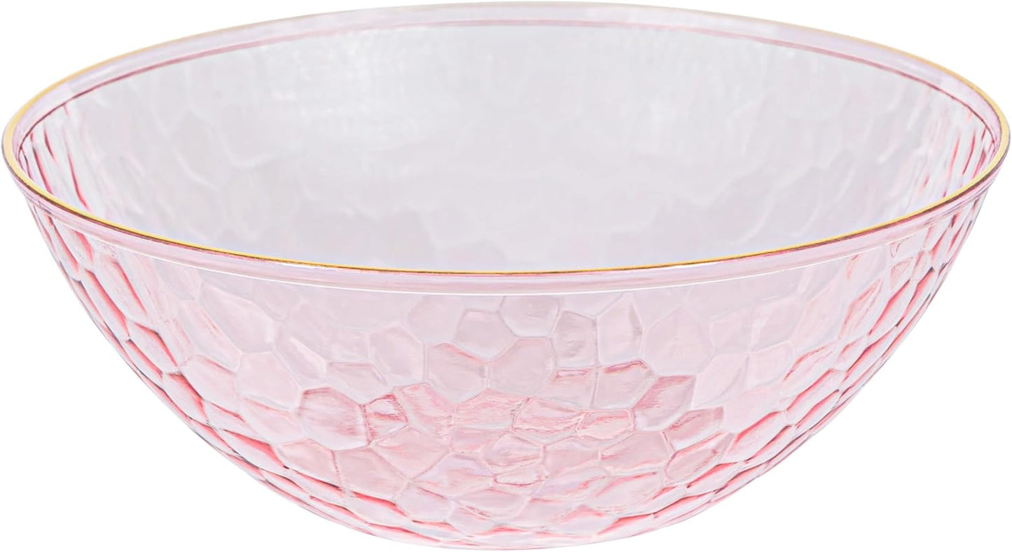 PLASTICPRO 30 Pack 12 Ounce Hammered Plastic Bowls Translucent Pink with Gold Rim Heavyweight Disposable Plastic Soup Bowls Elegant Translucent Hammered Gold Rim Platsic Party Dishes