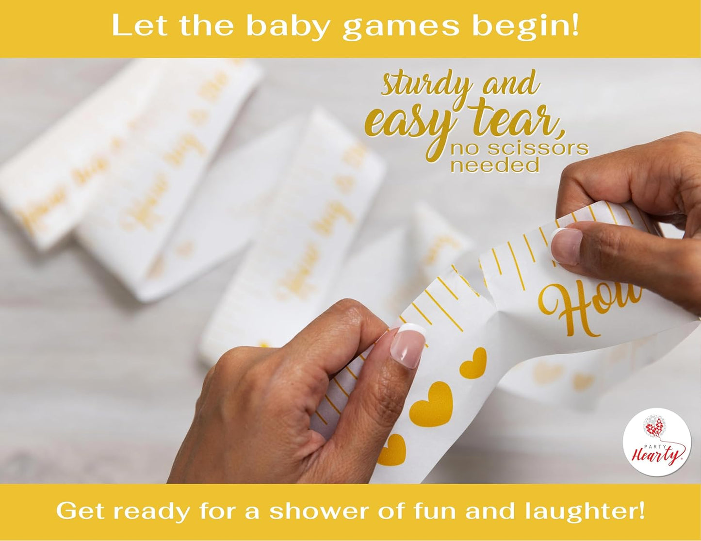 Party Hearty Funny Baby Shower Games for Girl and Boy Activities, 2 Rolls, 2 inch x 150 feet, Gold Tummy Measure, Fun & Easy Idea