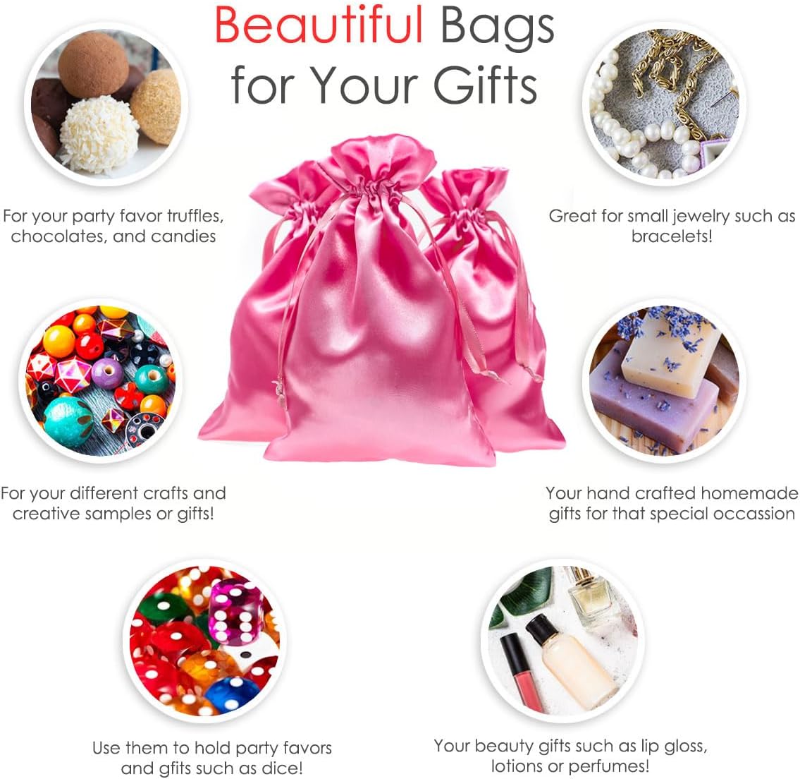 5" x 8" Pink Satin Gift Bags, Jewelry Bags, Wedding Favor Drawstring Baby Shower Christmas 50 per Pack