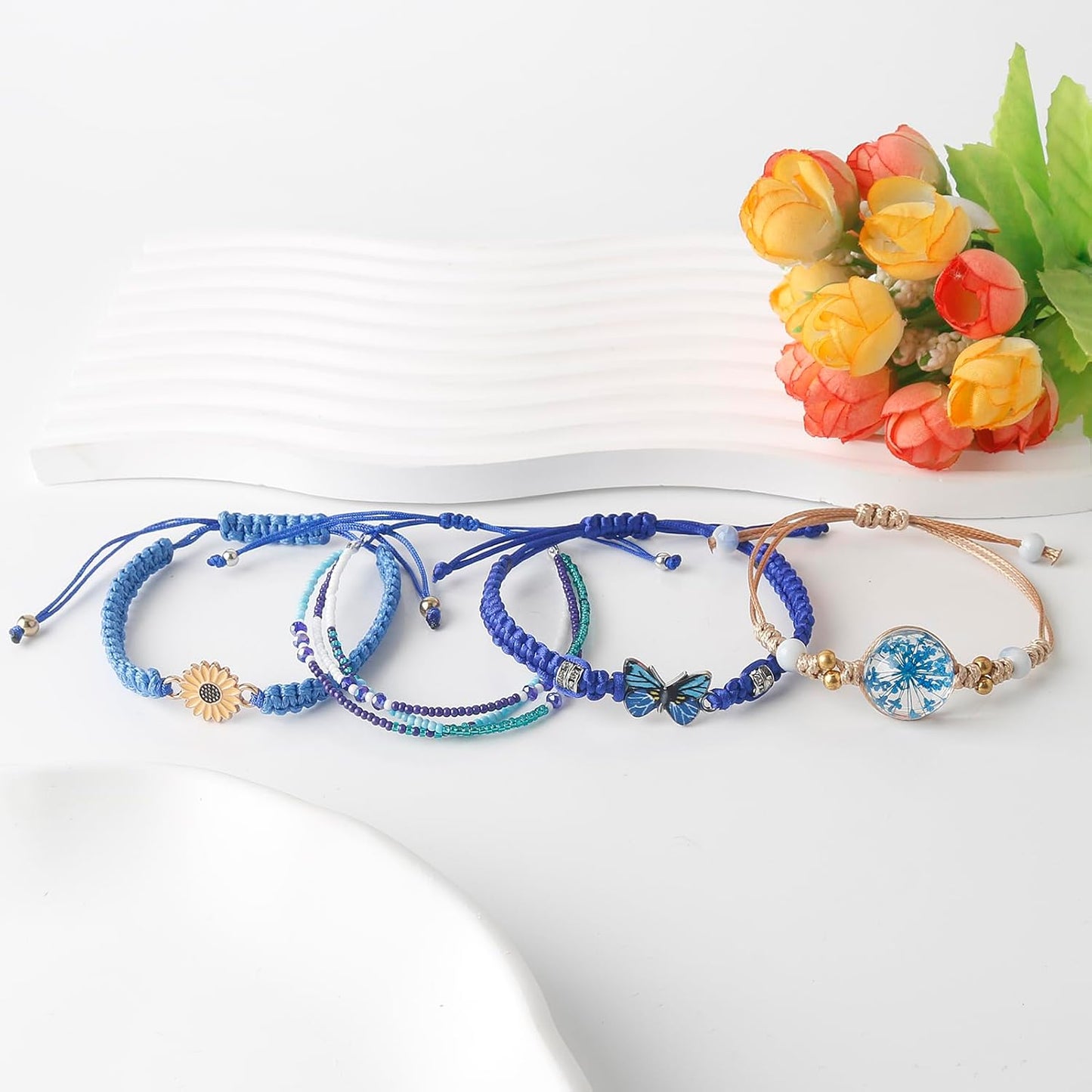 DS 4PCS String beads Charm Bracelets for Teen Girls Dainty cute cartoon Butterfly Daisy Eternal flower Beads Bracelets set for woman and girls Adjustable Stretch bracelet birthday Gift For Friends