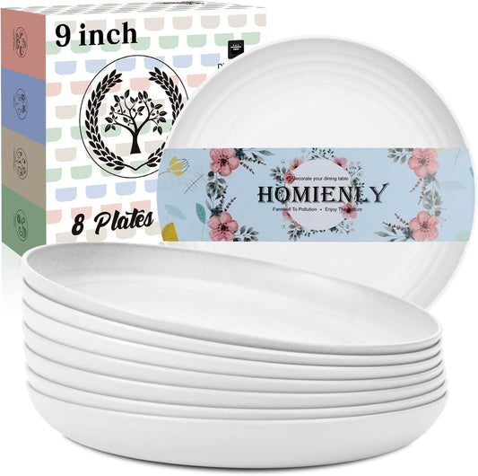 Homienly Wheat Straw Plates Set of 8, 9 inch Unbreakable Microwave and Dishwasher Safe Plates, Lightweight Round Dinner Plates with Unique Texture, Plate for Kitchen, Camping, Picnic - White