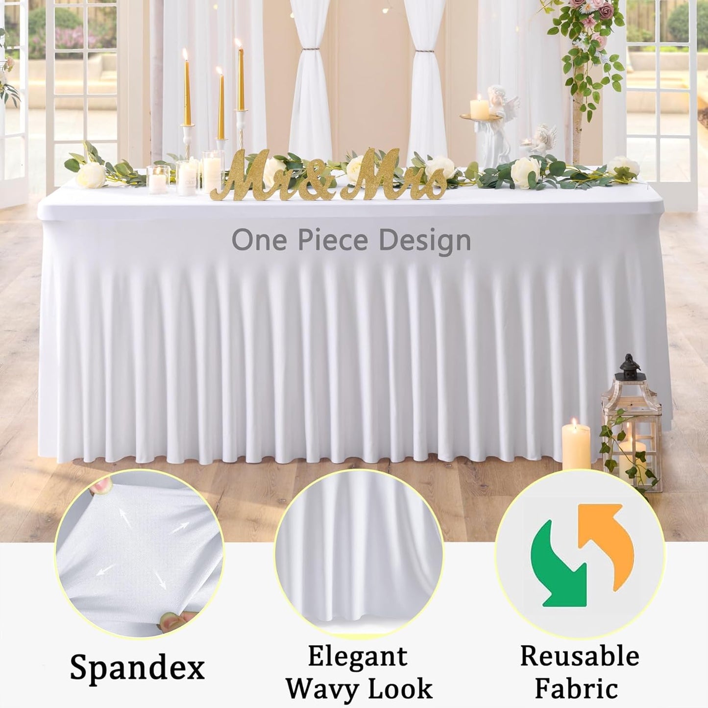 2 Pack White Spandex Tablecloths for 4 ft Rectangle Tables, Stretch Table Cloths 4 Foot Fitted Table Cover with Skirt for Parties Weddings Birthday Banquet Baby Shower