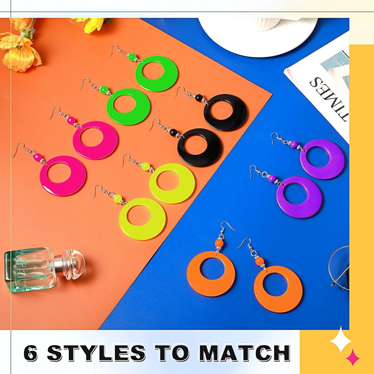 Yinkin 6 Pairs 80s 90s Neon Earrings Lightning Earrings for Women Halloween Costume Party Dancing Glow Party Accessory