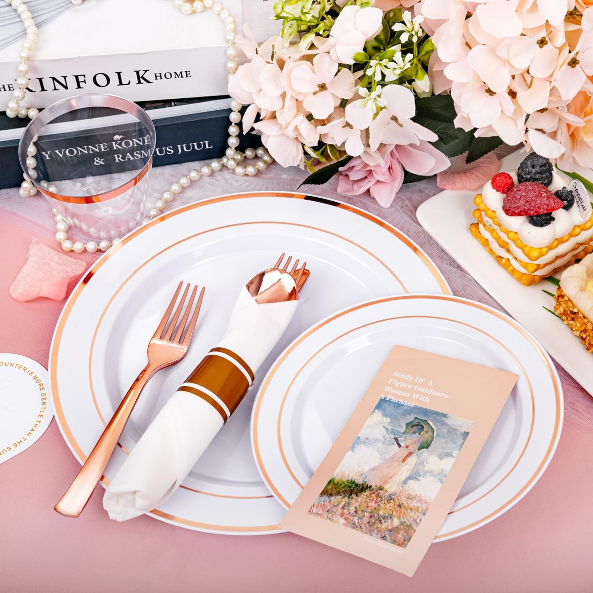 DaYammi 210PCS Rose Gold Plastic Dinnerware Set for 30 Guests, Valentine's Day Plates for Party, Include: 30 Dinner Plates, 30 Dessert Platos, 30 Pre Rolled Napkins with Rose Gold Silverware, 30 Cups