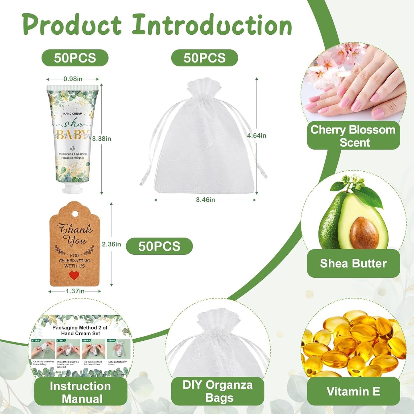 VESPRO 50 Sets Baby Shower Hand Cream Bulk Gifts, Bridal Party Gifts and Wedding Favors for Guests with Thank You Card and Organza Gift Bags, Small Gifts for Women