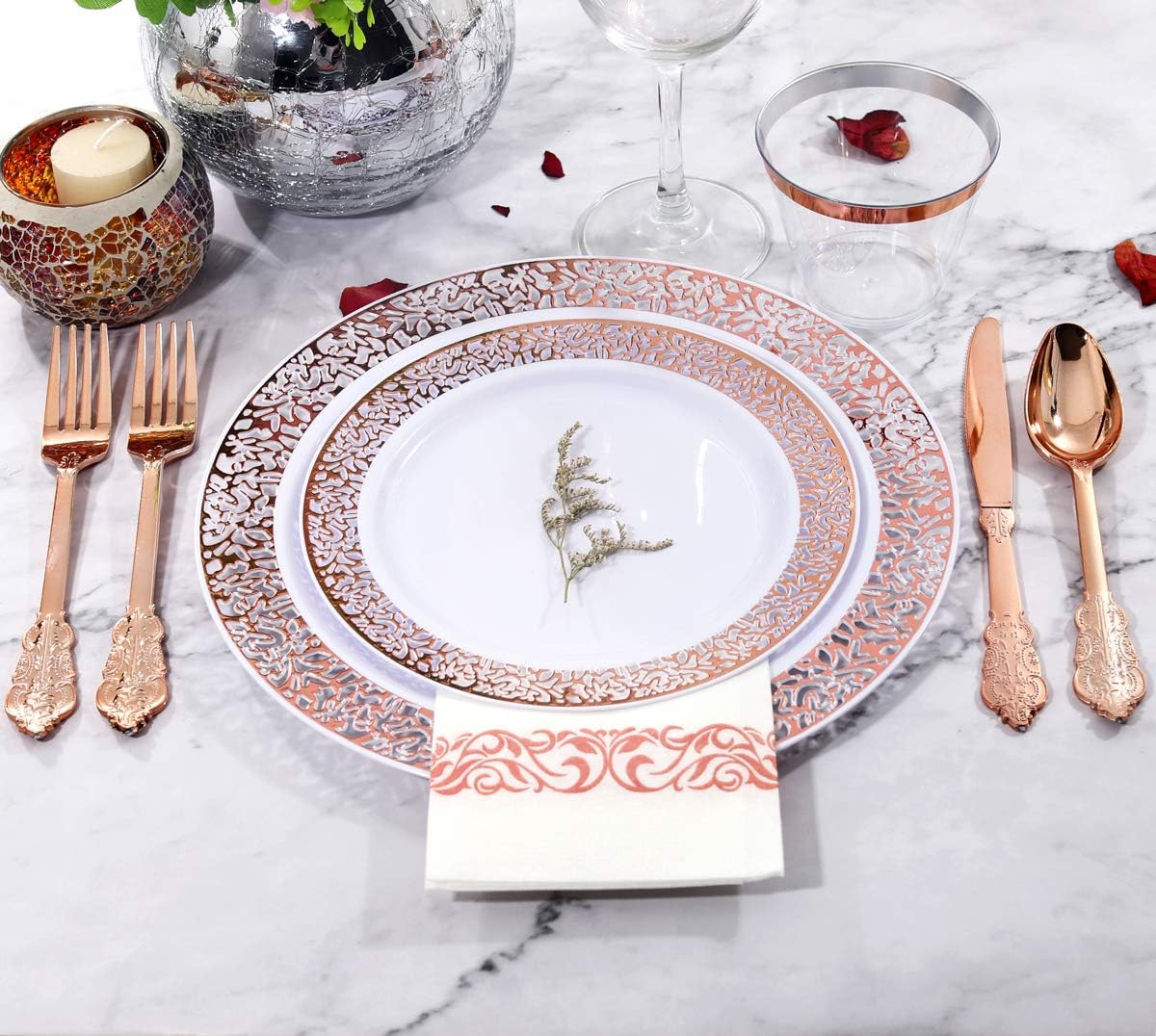 bUCLA 350PCS Rose Gold Plastic Plates With Disposable Silverware & Napkins - Rose Gold Rim Plastic Dinnerware Set Lace Design for Wedding, Party & Mother’s Day