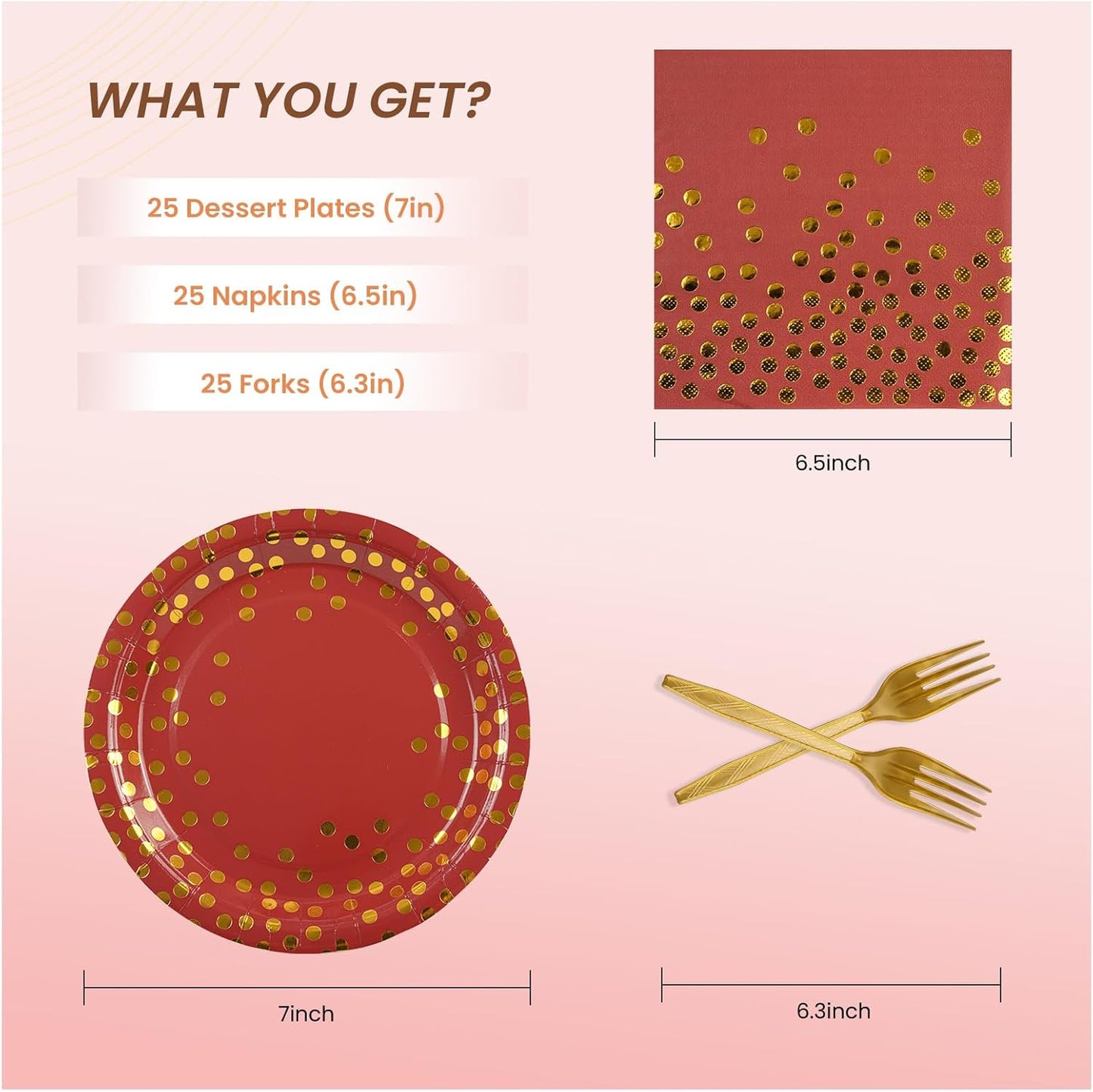 75PCS Paper Plates and Napkins Set - Red and Gold Dot Disposable Party Dinnerware Includes Paper Plates, Napkins, Forks Decorations for Graduations, Birthdays and Weddings, Serves 25