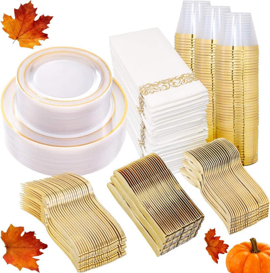 I00000 50 Guests Clear Gold Plastic Plates, Gold Disposable Dinnerware Set Includes: 100 Plastic Plates, 50 Silverware Set, 50 Disposable Cups, 50 Napkins Perfect for Party & Wedding