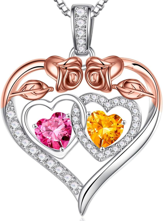 Iefil Double Birthstone Necklace Gifts for Wife Girlfriend Her Women, Birthstone Jewelry Gemstone Valentines Birthday Gifts for Her Women Wife Mom Grandma