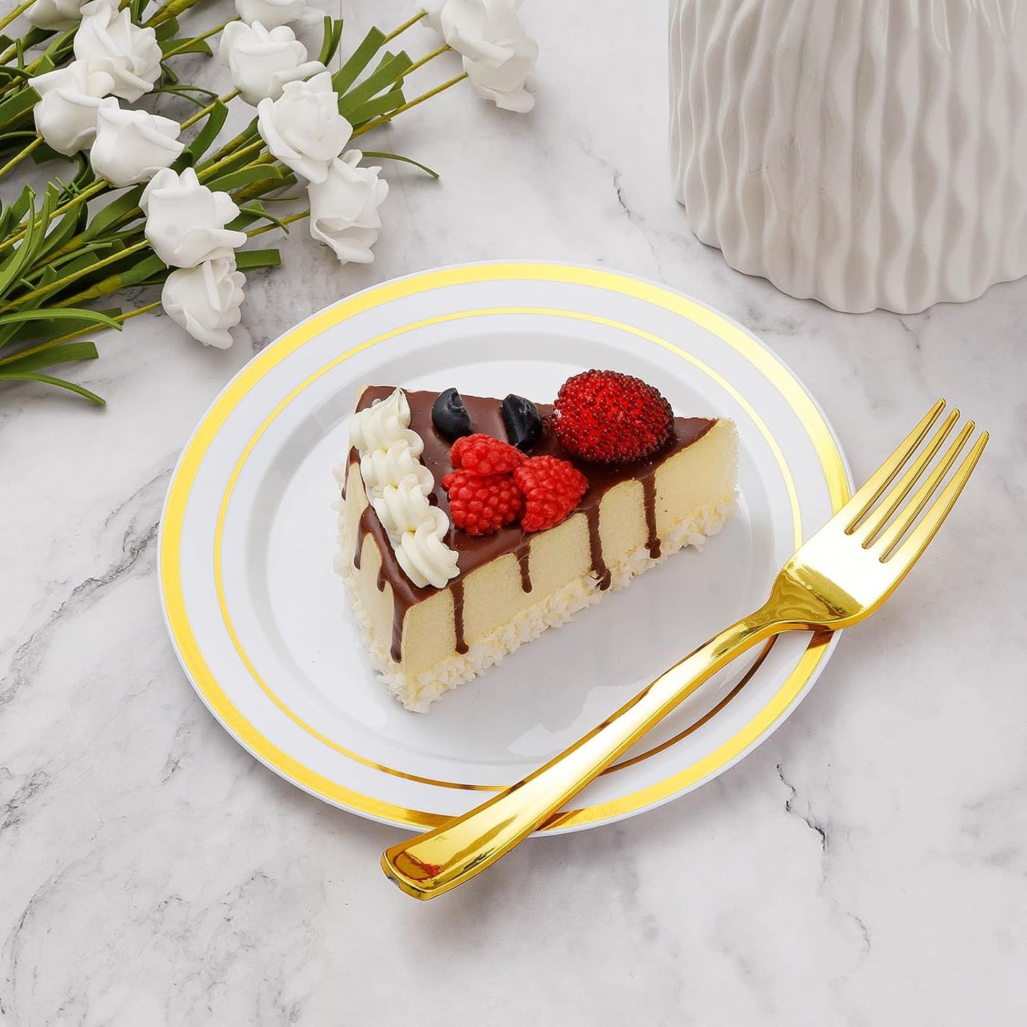 Goodluck 240PCS 7" Gold Dessert Plastic Plates with 7.4" Forks, Gold Appetizer Plates for 120 Guests, Including 120 Disposable Cake Plastic Plates and 120 Forks for Wedding/Birthday Party