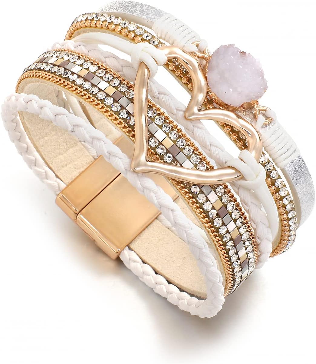 Leather Wrap Bracelet for Women Beaded Cuff Bracelet with Heart-shape Decor Bohemian Crystal Bracelet Jewelry with Clasp Bangle Bracelet for Women Girls Birthday Holiday Gift