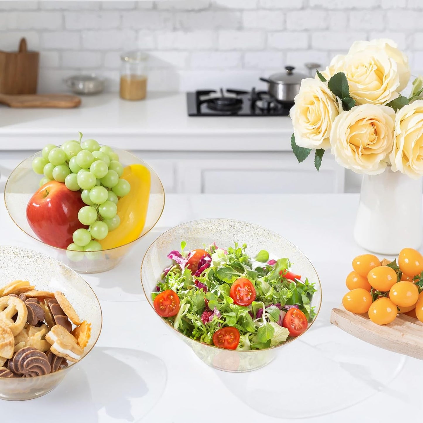 bUCLA 12 Pack Gold Glitter Plastic Serving Bowls - 20 OZ Disposable Snack, Fruit, Chip, Candy Angled Serving Bowls for Party & Thanksgiving