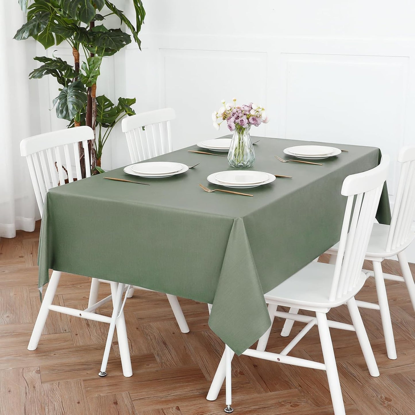 Romanstile 100% Waterproof PVC Tablecloth Rectangle, Oil Spill Proof Stain Resistant Vinyl Table Cloth, Wipe Clean Plastic Table Covers for Kitchen/Dining/Parties - 54 x 78 Inch, Sage Green