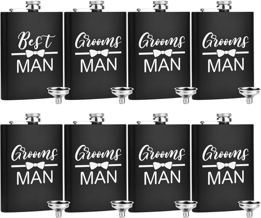 ELEGANTPARK Engraved Groomsman Flasks Set of 8 Best Man Groomsmen Proposal Gifts Wedding Bachelor Party Favor Stainless Steel Hip Flask for Liquor with Funnel for Men 8 OZ Black ﻿