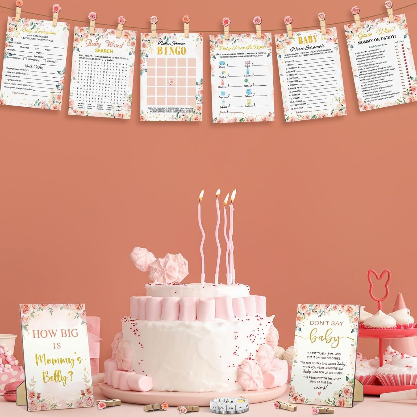426 Pcs Floral Baby Shower Games Set-8 Games, Includes Baby Shower Bingo, Price is Right, Guess Who, Word Scramble, Prediction and Advice, How Big is Mommy's Belly, Don't Say The Words
