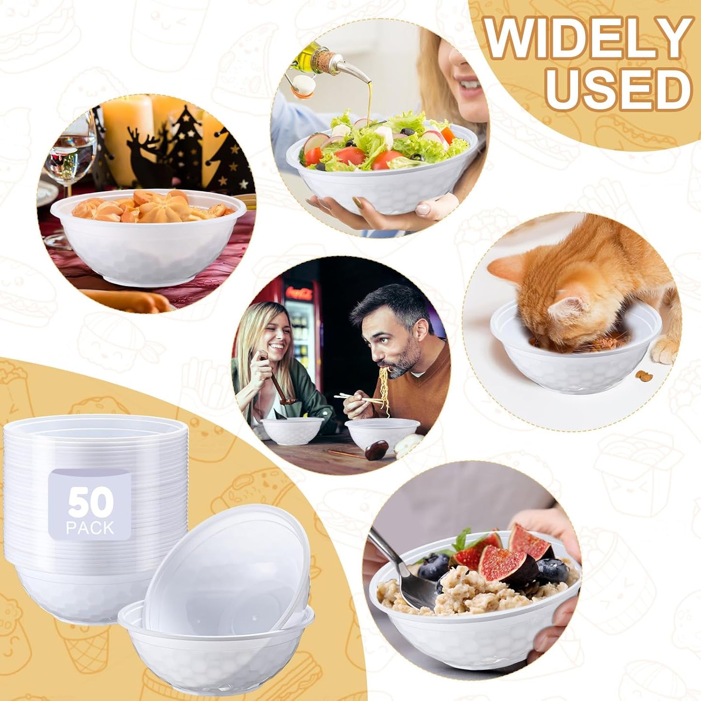 50 Pack 32oz White Disposable Plastic Bowls Plastic Salad Bowls Large Stackable Serving Soup Dinnerware for Birthdays, Weddings, Parties, Festivals