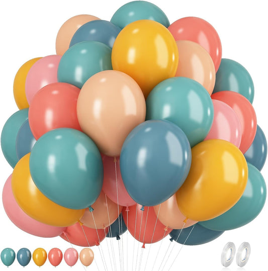 Boho Rainbow Balloons, 60Pcs Dusty Blue Blush Pink Balloons, 12 Inch Retro Mustard Yellow Slate Blue Balloon Assorted Colorful Balloon for Here Comes the Son Baby Shower Boho Safari Groovy Birthday