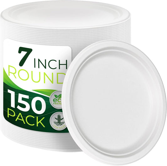 150pcs 100% Compostable Small Paper Plates (7 in), Heavy Duty, Eco Friendly Appetizer & Dessert Plates, Biodegradable Sugarcane Fiber