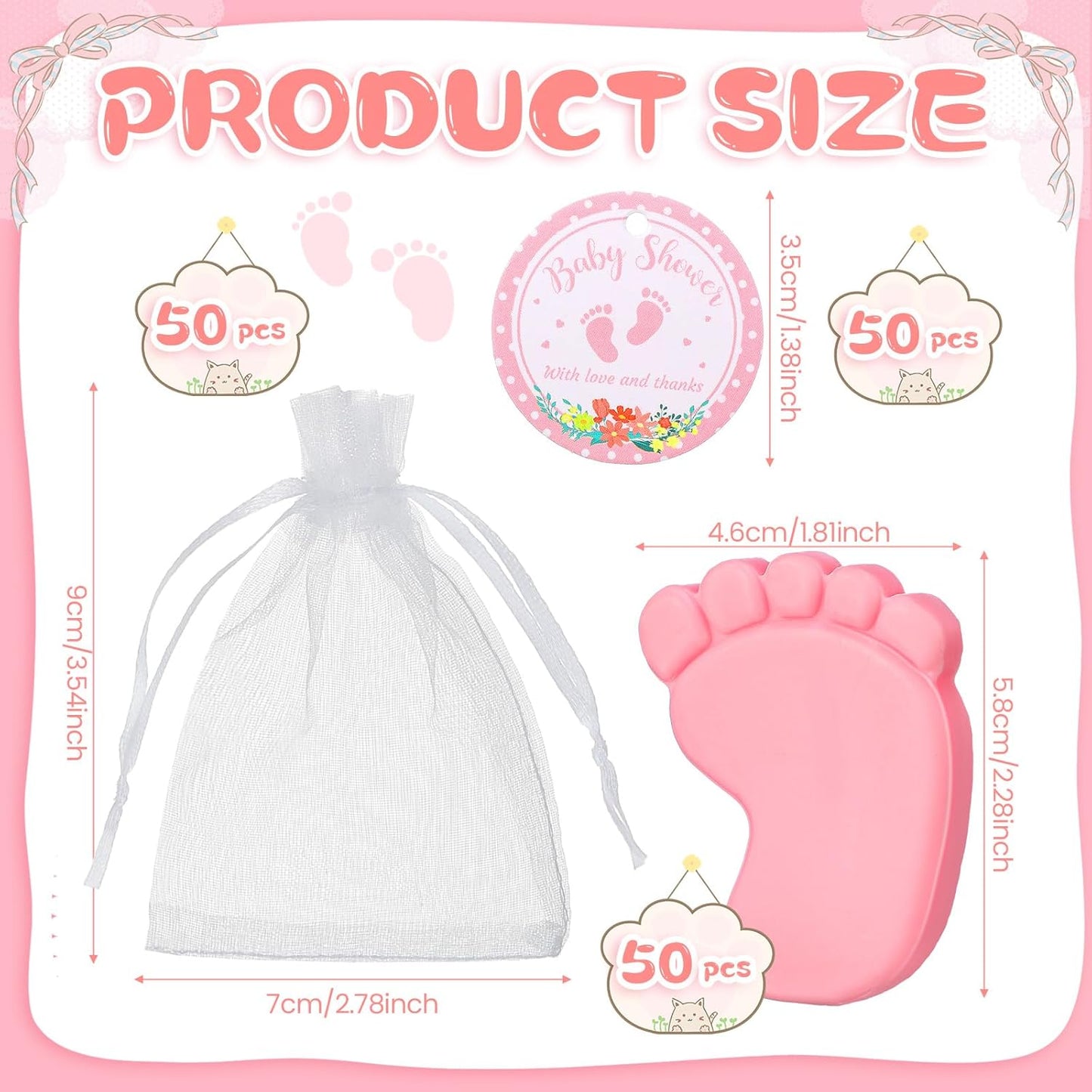 50 Sets Baby Shower Favors Handmade Baby Feet Scented Soap Party Favors for Guests Gifts with Organza Bags and Thanks Tags Wedding Party(Pink)