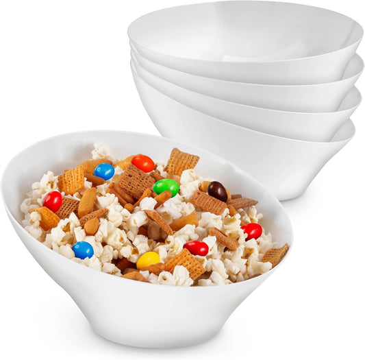 20oz White Plastic Serving Bowls (4 Pack) Medium Disposable Snack Bowl Candy Dishes, Buffet Containers for Chips, Popcorn, Snacks, Mints, Salad Bar, Parties, Office Desk, Bridal Shower, Party Supplies