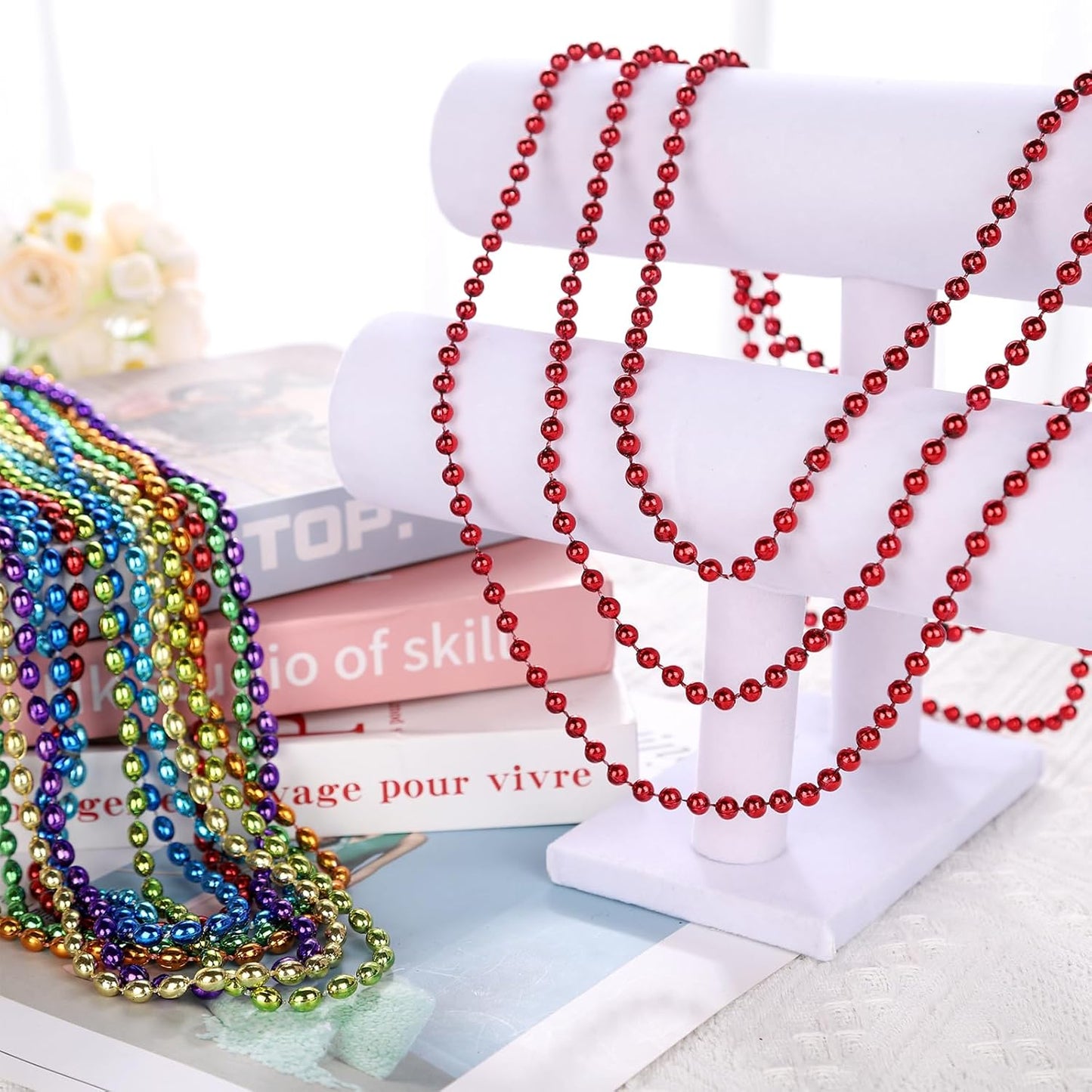 48 Pack Mardi Gras Beads Necklaces, 33 Inch Plastic Beads for Party Favors, Festival Decorations, Parade Throws, Christmas, St. Patrick's Day Celebrations