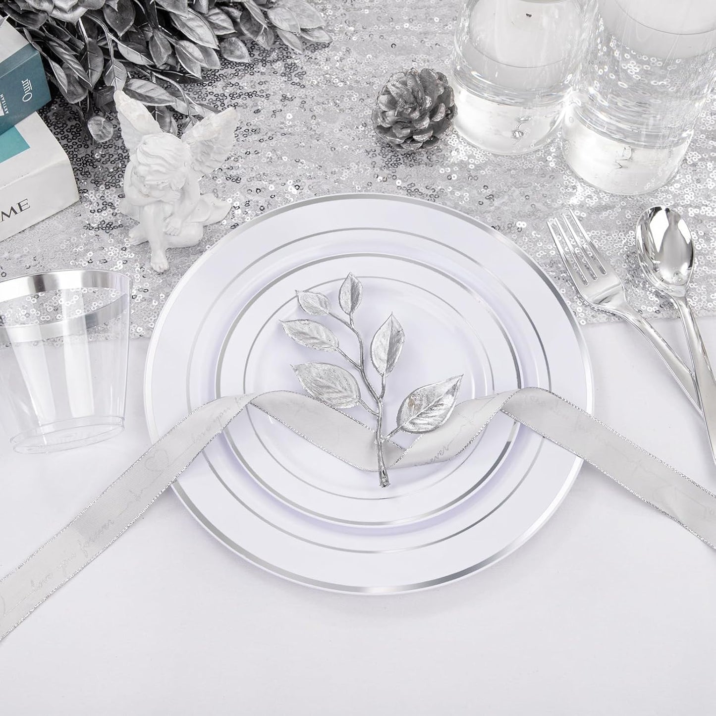 WELLIFE 300Pcs Silver Elegant Plastic Dinnerware Set for 50 Guests - Premium Disposable Party Supplies Includes Dinner Plates, Salad Plates, Cups & Flatware Set for Wedding, Anniversary, Banquet
