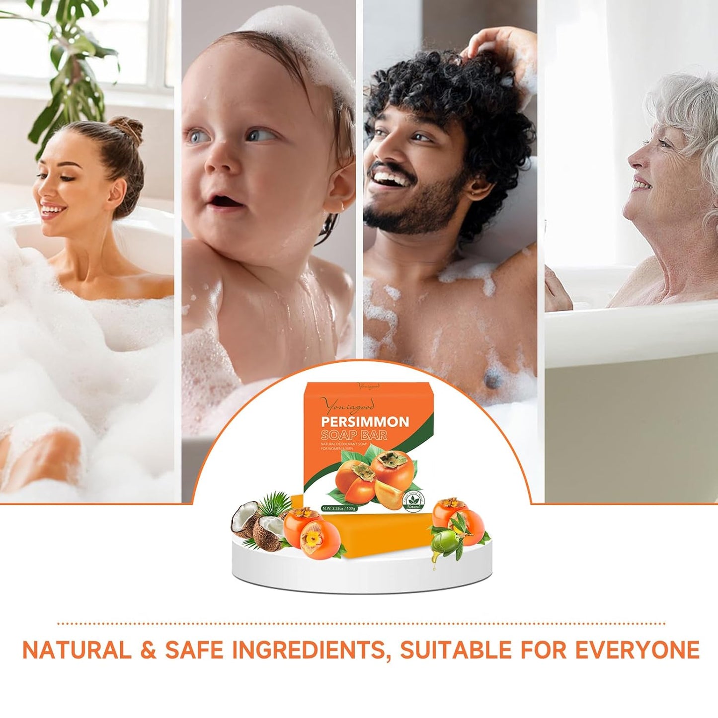 3 PCS Persimmon Soap Bar for Body Odor Control, Natural Deodorant Body Bar Soap for Old People Smell, Remove Strong Smell, Organic Eliminating Odor Wash Soap for Women & Men