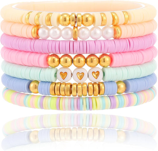 Friendship Bracelets Trendy Heishi Clay Bead Bracelets Stack Gold Beaded Stretch Bracelets for Women Boho Stackable Bracelets Bulk Cute Preppy Jewelry