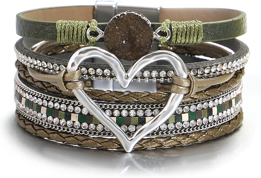 Leather Wrap Bracelet for Women Beaded Cuff Bracelet with Heart-shape Decor Bohemian Crystal Bracelet Jewelry with Clasp Bangle Bracelet for Women Girls Birthday Holiday Gift