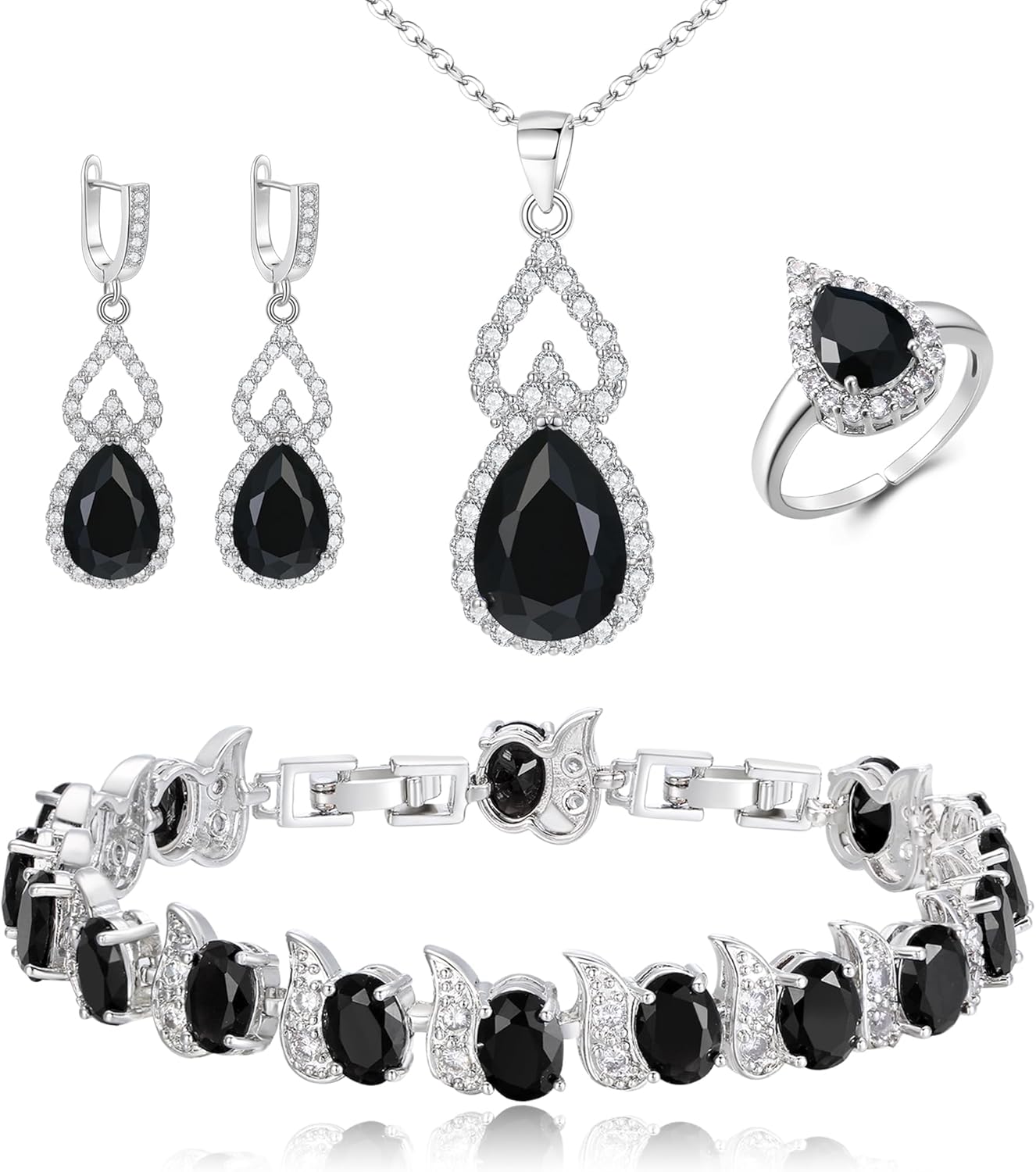 BriLove Wedding Jewelry Set for Women Bride Bridesmaid, Gorgeous Cubic Zirconia Teardrop Necklace Earrings Bracelet Adjustable Ring Jewelry Gift for Birthday/Anniversary/Mother’s Day