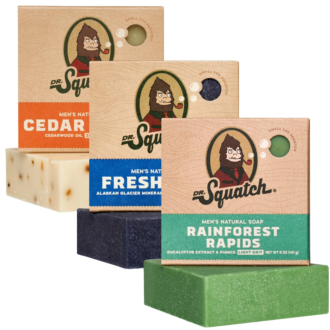 Dr. Squatch Natural Bar Soap for Men - Cold Process Soap with No Harsh Chemicals - Rainforest Rapids, Fresh Falls & Cedar Citrus (5 oz, 3-Pack)
