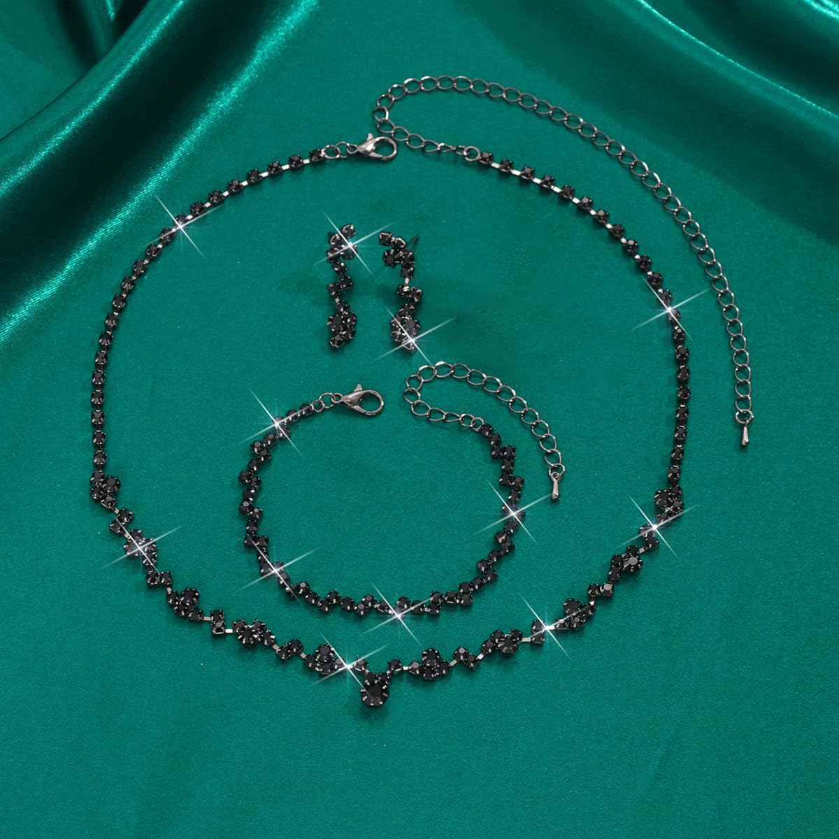 Prom Earrings Necklace Bracelet Set Elegant Crystal Rhinestone Necklace Earrings Bracelet Bridal Wedding Prom Dresses Costume Outfit Gold Jewelry Sets for Women
