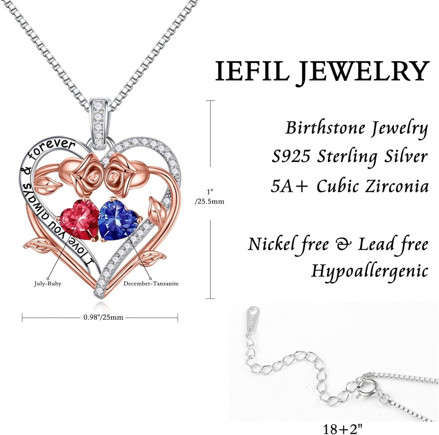 Iefil Rose Heart Double Birthstone Necklace Gifts for Wife Her Mom Women, Birthstone Jewelry Gemstone Birthday Gifts for Girlfriend Grandma Her Wife Women